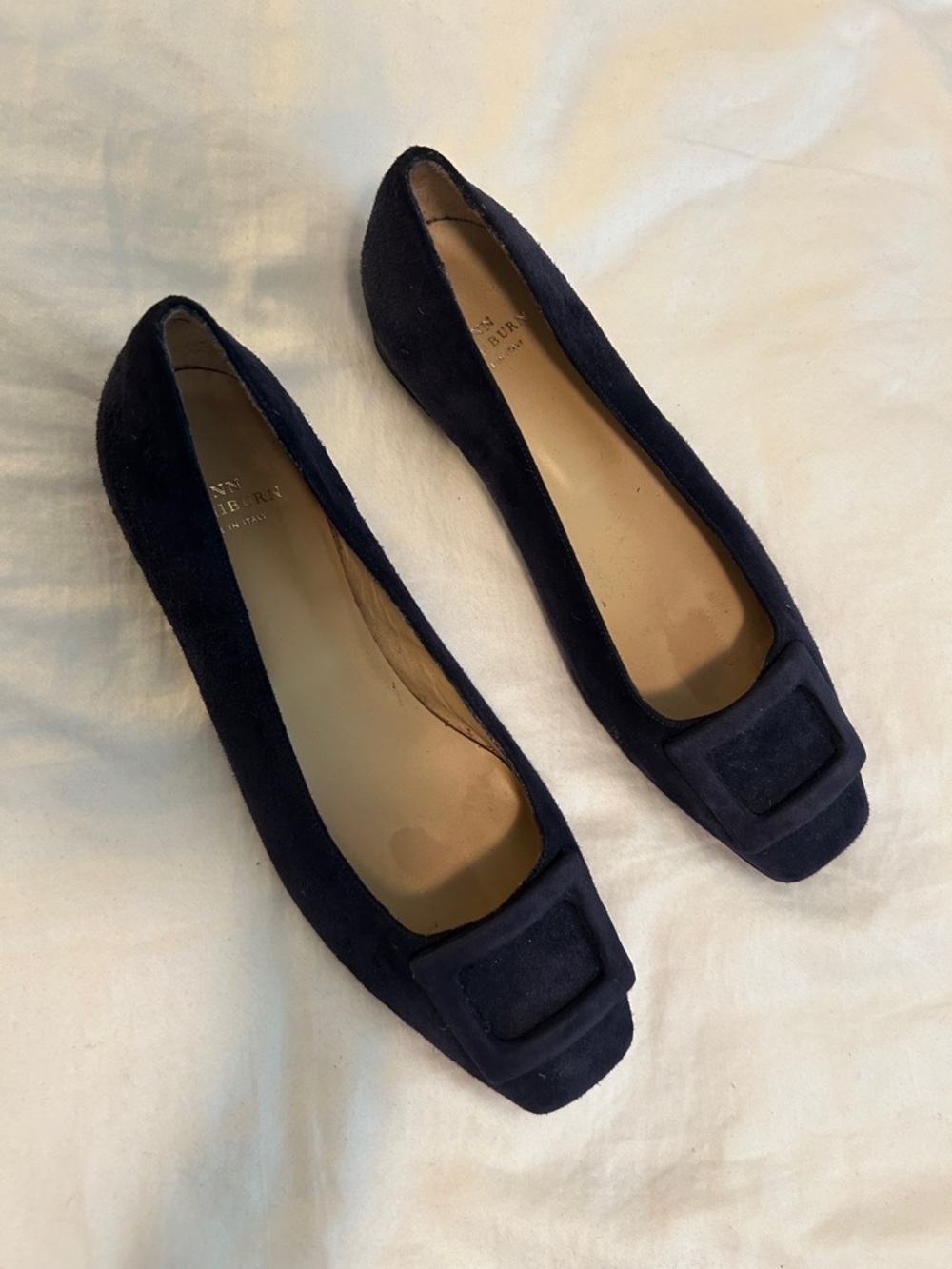 ANN MASHBURN Navy Suede Square-Toe Flats with Buckle Accent - Picture 3 of 8
